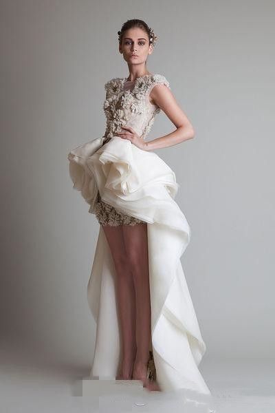 

krikor jabotian elegant high low short prom dresses sheer covered button back sweep train lace bridal gowns appliques evening dress, Black;red