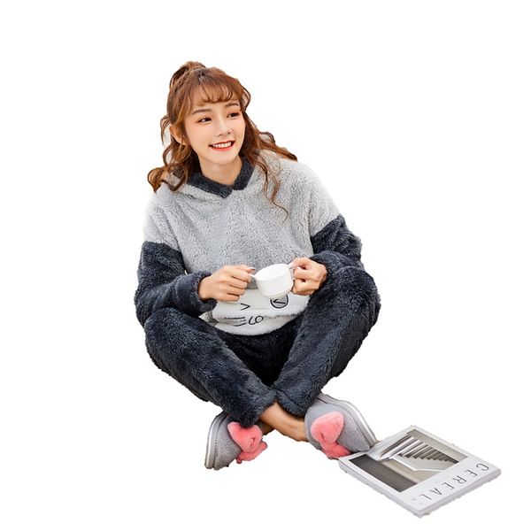 

jinuo new arrival cute cartoon cat women winter plush pajama sets young ladies warm and soft home wear sleepwear, Blue;gray