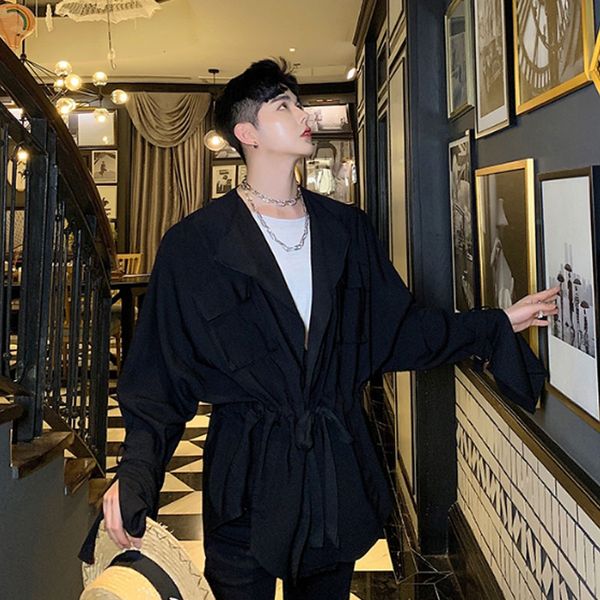 

men vintage fashion casual loose jacket male women lovers clothing streetwear hip hop drawstring waist coat outerwear, Tan;black