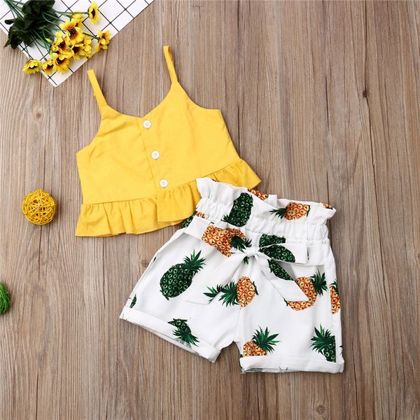 

children summer sets 2020 kid baby girl cropped ruffles crop shirt pineapple print short pants 2pcs outfit clothes, White