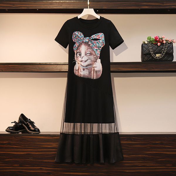 

banulin plus size women dress 2020 new summer short sleeve beading cartoon long tshirt mesh splicing casual loose dress, Black;gray