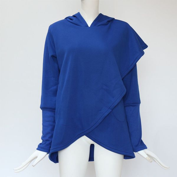 

women long sleeve hoody pocket casual hip length blouse autumn irregular, Black