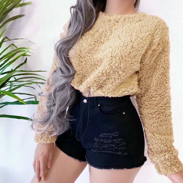 

streetwear khaki wine red loose casual faux fur short sweatshirt plush warm thick cropped hoodies women female pullovers, Black