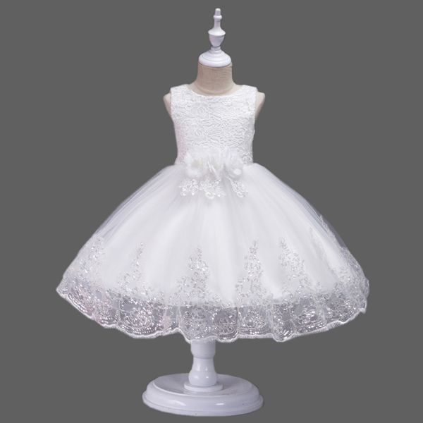 

selling boat neck lace party dresses for baby girls sleeveless tulle sequin flower girl dress with three d flower and bow, White