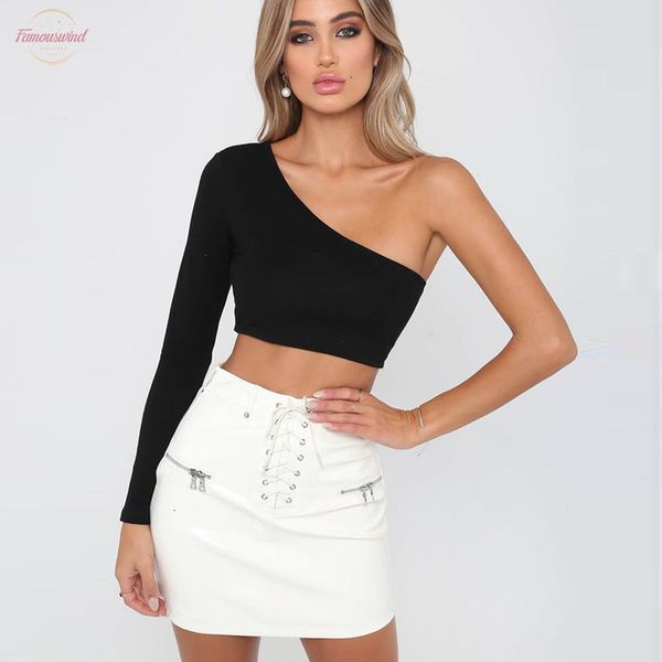 

one shoulder slope neckline t shirt solid long sleeve women's tshirt white black crop ladies t-shirt 2020 new fashion