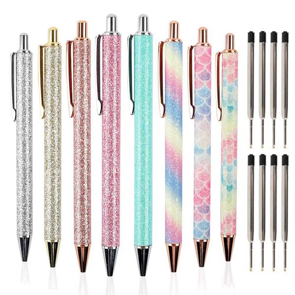 

8pcs ballpoint pens metal retractable pen, black ink medium point 1mm, glitter rose gold click ball pens, gifts for women, schoo, Blue;orange