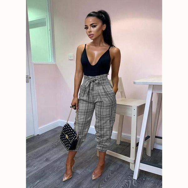 

fashion plaid harem pants women ruffles lace up bow high waist pants casual female pocket long trousers joggers pantalon femme, Black;white