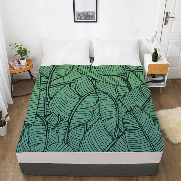 

3D HD Digital Print Custom Bed Sheet With Elastic,Fitted Sheet Twin/Full/Queen/King,Nordic Green leaf Mattress Cover, 11