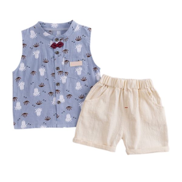 

baby clother 2pcs/set summer children baby boys casual sleeveless floral print vest +shorts suits costume set, White