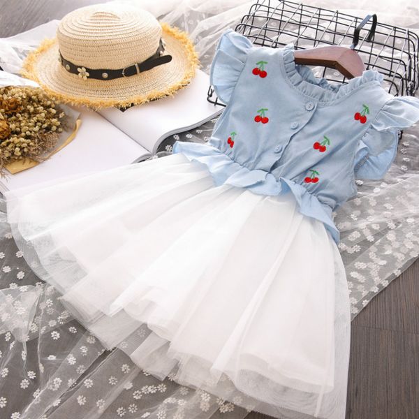 

girls sweet new 2019 summer fashion girls mesh light blue cherry embroidery stitching sleeveless children's dress, Red;yellow