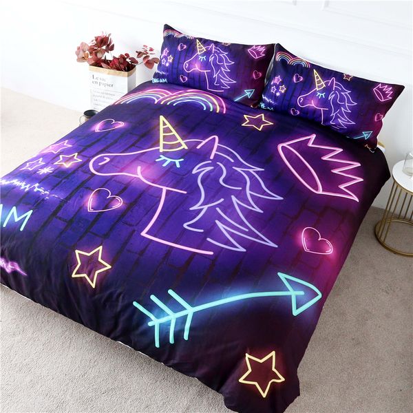 

bedding set purple unicorn printed luminous duvet cover colorful rainbow bed set for kids light crown 3pcs bedclothes