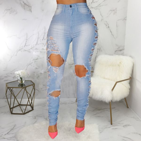 

2019 ripped jeans women slim high waist boyfriend jeans cotton summer autumn casual streetwear denim pencil long pants skinny#g5, Blue