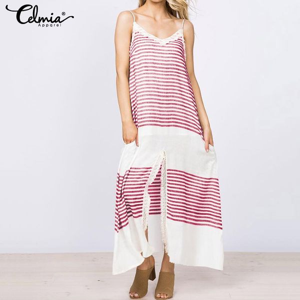 

celmia summer maxi long dress women straps lace stitching striped dresses casual split loose beach party vestidos plus size, Black;gray