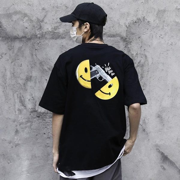 

sifan уличная одежда 2020 мужчины хип-хоп футболка пистолет под улыбкой лицо harajuku футболка лето с коротким рукавом топы тройники хлопок, White;black