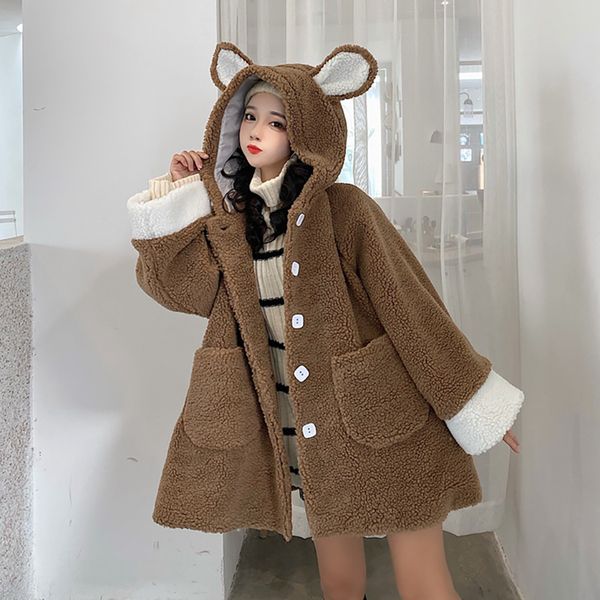 

winter 2020 new korean students wild imitation lamb fur cute ears hooded long coat female jacket, Black