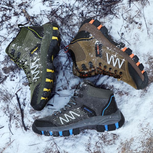 

winter outdoor hiking shoes men's warm non-slip high to help hiking travel large size work snow boots new absorption, Black