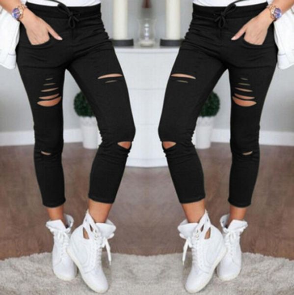 

women big size ripped trousers stretch pencil pants leggings, Blue