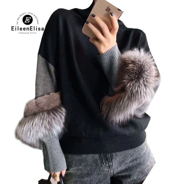 

winter sweater women fur sleeve sweater casual black pullovers knitwear, White;black