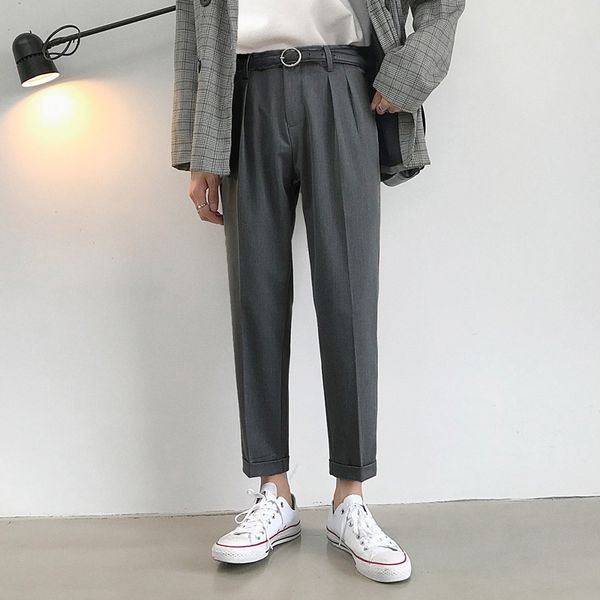 

2019 spring new thin section double pleats drape nine points male loose wild trend straight casual trousers, White;black