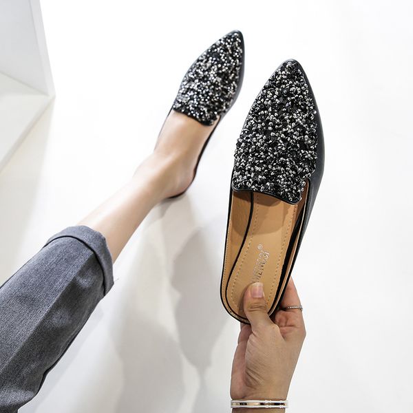 

slippers 2021 baotou female summer fashion leather rhinestone sequins muller shoes pointed flat l, Black