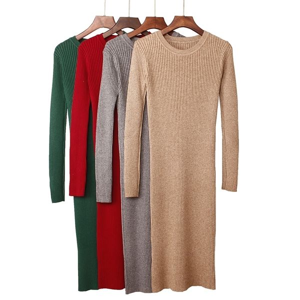 

gigogou thick warm women winter dress long slim rib knitted dress autumn o-neck mid-calf femme sweater dresses, Black;gray