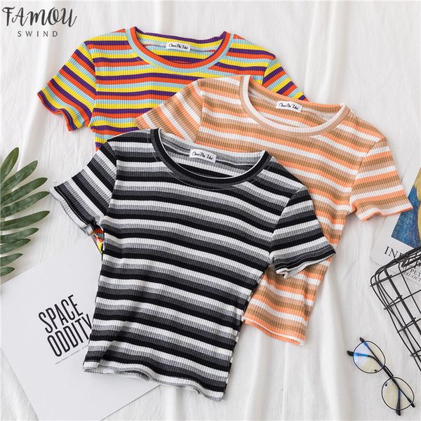 

summer graphic tees women ulzzang short sleeve t shirt korean kawaii rainbow stripes t shirts harajuku casual o neck crop top, White