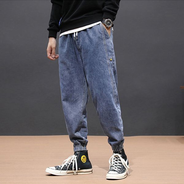 

fashion streetwear men jeans loose fit spliced designer denim cargo pants harem jeans men size s-5xl hip hop jogger hombre, Blue