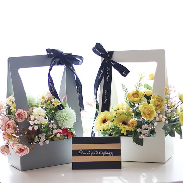 

handhold flower bucket paper gift boxes for flower packaging decor 23.5*12*34cm boxes with handhold hug bucket packaging bags