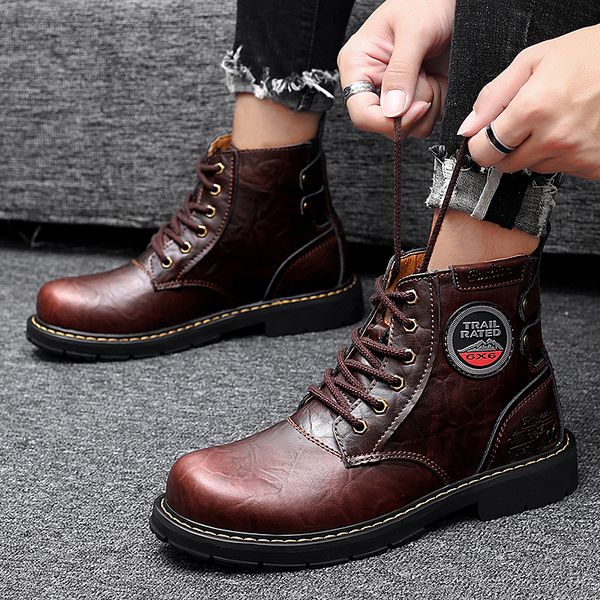 

fashion 2019 comfortable men boots genuine leather winter warm shoes british desert boots big size 38-46, Black