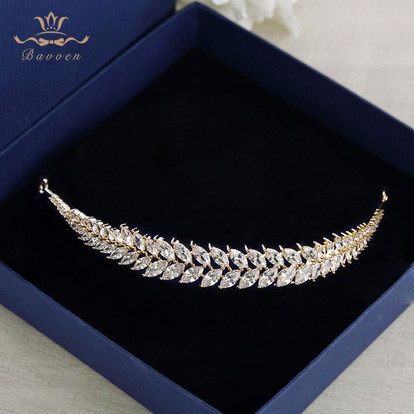 

bavoen new gold leaves clear zircon wedding tiaras crystal brides hairbands hair accessories evening hair jewelry birthday gifts, Golden;white