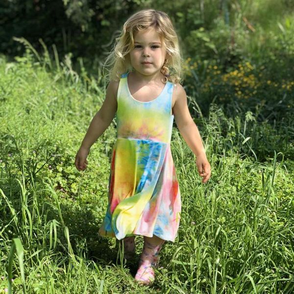 

12m-5t toddler baby girls sleeveless rainbow tie-dyed print princess dress summer knee-length girls dress, White