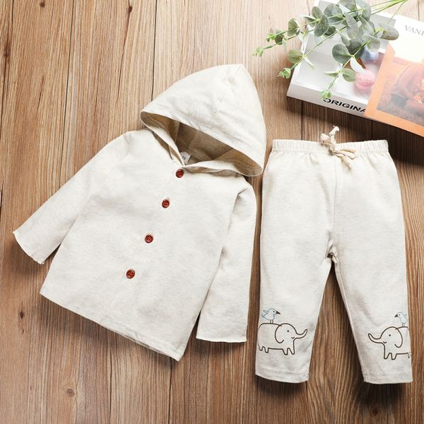 

children's clothes long sleeved cotton single-breasted cardigan boys girls hooded coat cartoon elephant print pants suits, White