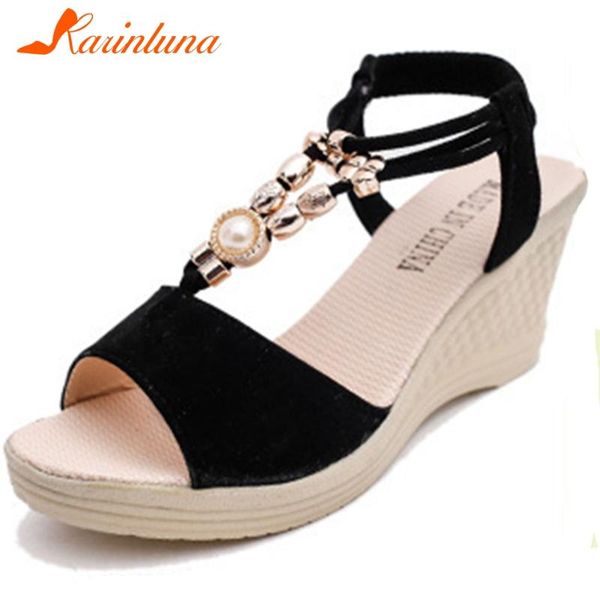 

karin new fashion t-strap platform summer sandals woman shoes wedge heels elastic band metal decoration shoes women, Black