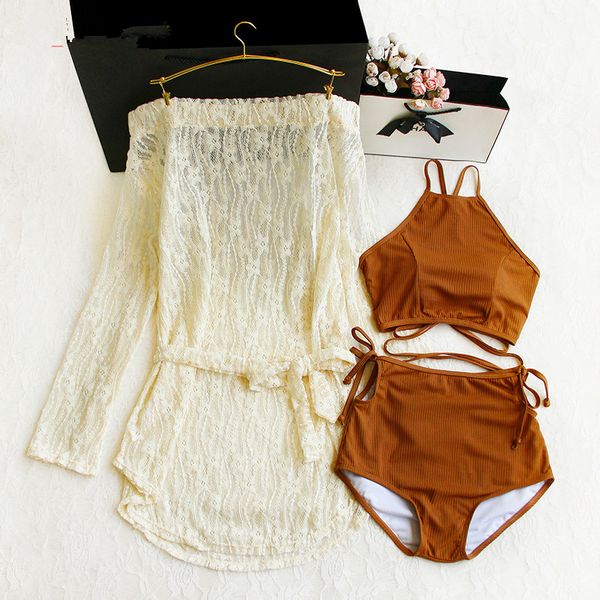 

swimwear inswind bikini women's three-piece lace long-sleeved jacket with high waist and retro split swimsuit, White;black
