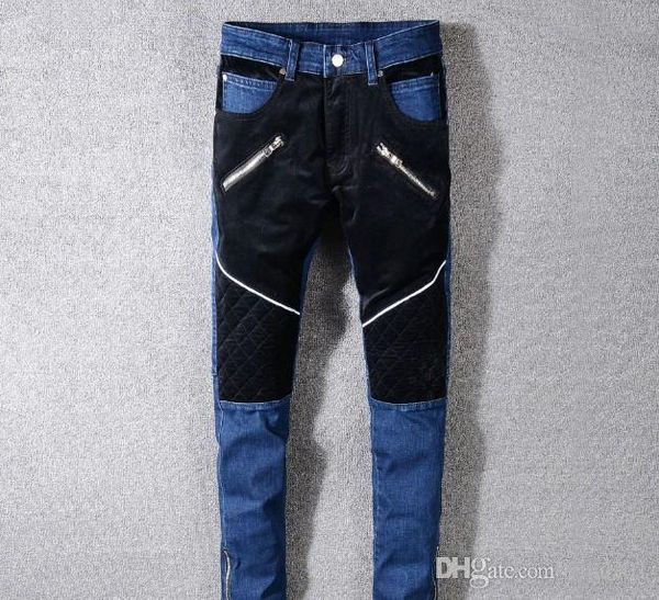 

high street mens fashion jeans черный синий строчка мотоцикл джинсы на молнии дизайн повседневная мужская байкер джинсы длинные брюки, Blue