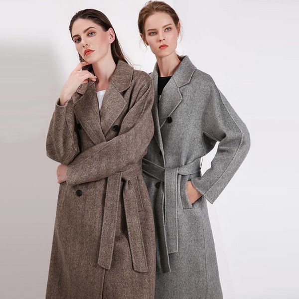 

long woolen blends cashmere coats women 2019 autumn winter ladies jackets plus size overcoat double sided beige grey herringbone, Black