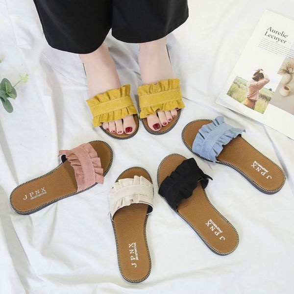 

fashion women shoes summer beach slippers cute ruffle flip flops women flats slides girls slipper zapatos de mujer jj17, Black