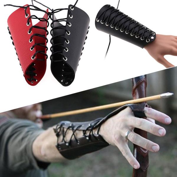 

strings wristband bracer arm protective tools hand sports accessories leather wax rope archery arm guard outdoor cuff hunting, Black;red