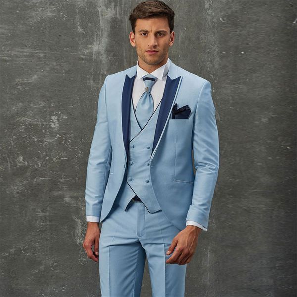 Classy Light Sky Blue Mens Prom Anzüge Erreichte Revers Hochzeitsanzüge Für Männer Smoking Drei Stücke One Button Blazer Jacke + Pants + Weste