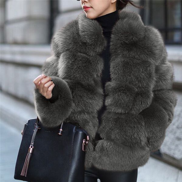 

women plush coat fashion autumn winter warm faux fur coat solid stand overcoat with pocket luxury elegant parka femme 5, Black