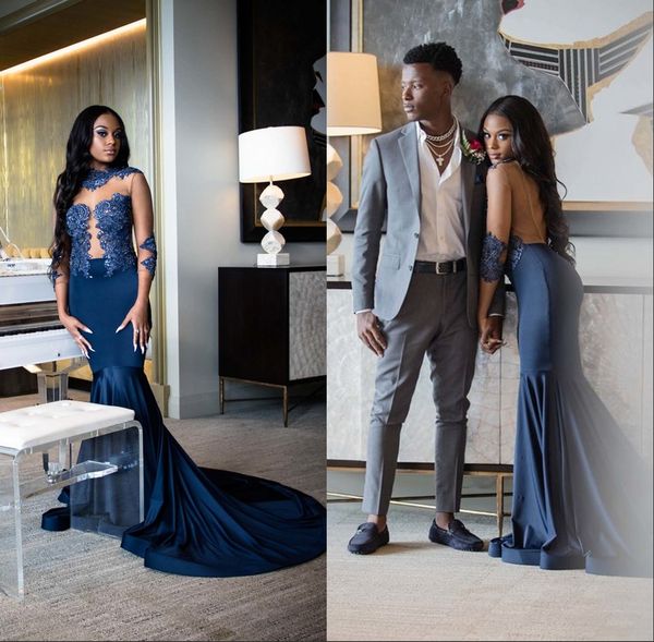 

vestidos mermaid navy blue prom dresses long 2019 long sleeves appliqued reflective dress prom party gown formal evening dress, Black