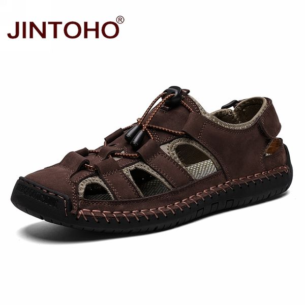 

jintoho large size flat sandals summer beach shoes male fashion genuine leather sandals summer beach for men, Black