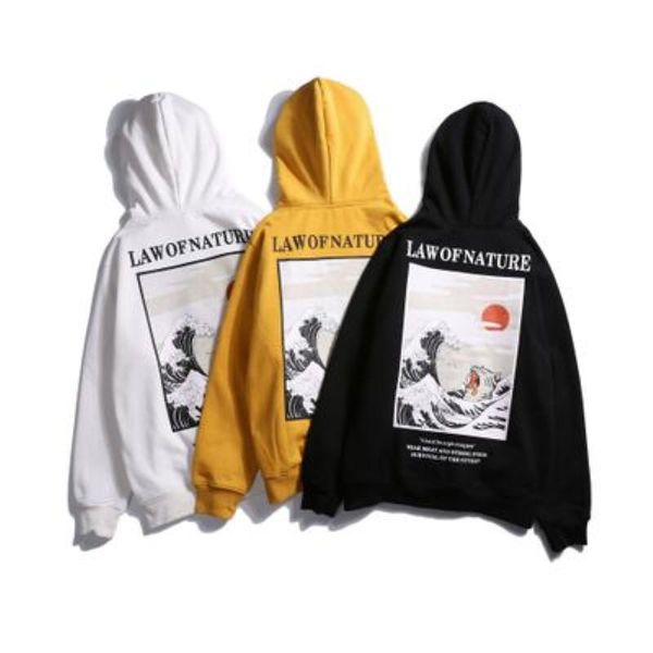 

japanese embroidery funny cat wave printed fleece hoodies fashion trend winter japan style hip hop casual sweatshirts streetwear, Black