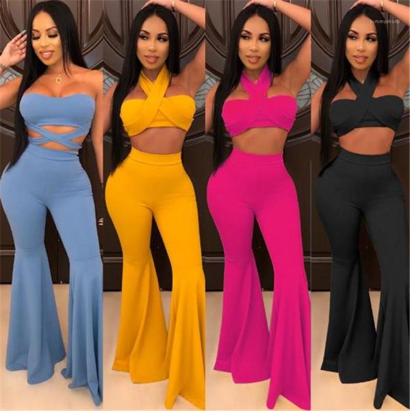 

women summer clothing strapless two piece sets for women fashion solid lace up flare pants suits new, White