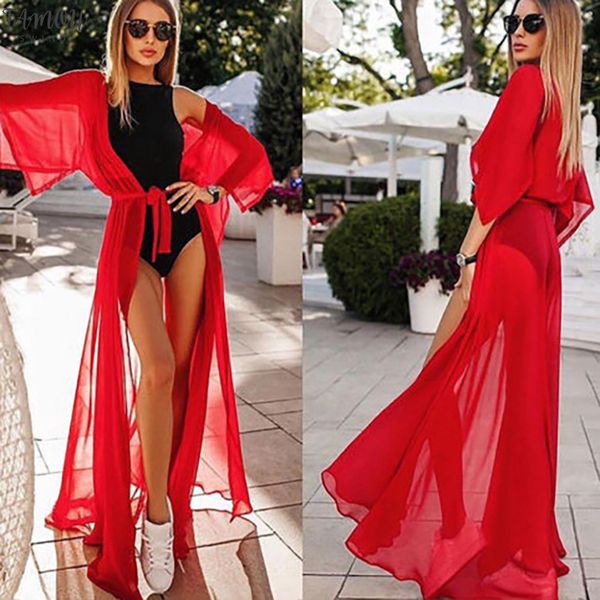 

2020 chiffon blouse women beach cardigan sunscreen short sleeve solid shawl beach cover up blusas mujer de moda, White