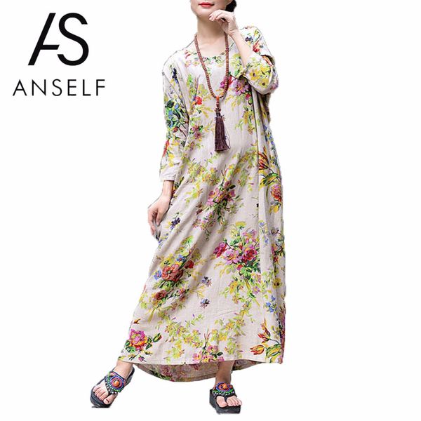 

women spring long dresses plus size 3xl 4xl 5xl cotton linen maxi dress vintage loose floral print boho dress beach robe female, White;black