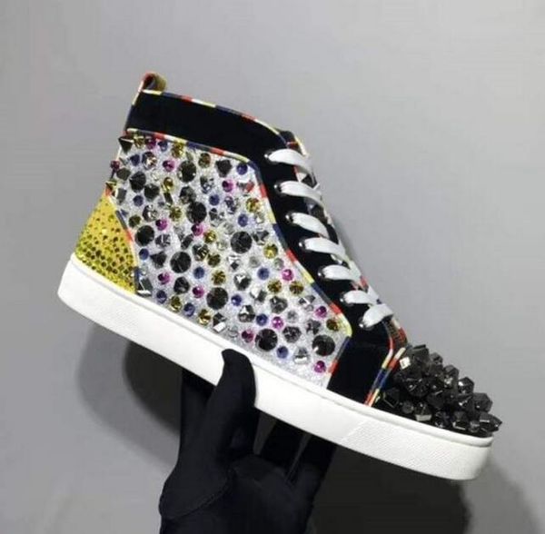 

роскошные дизайнерские туфли high cut досуг зашнуровать цветные фигурные кожаные заклепки алмазный каблук красные днища для мужчин обувь кро, Black