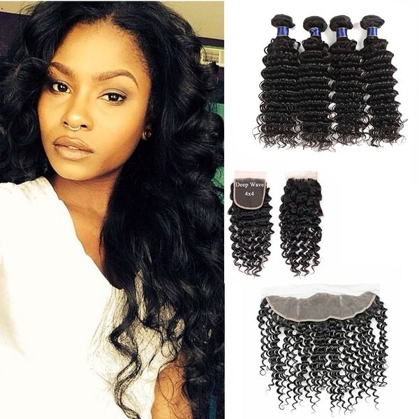 

9а бразильский волос deep сыпучего water wave 4 связки с кружевом закрытия богородицы extensions волос глубокой волна связка человеческих во, Black