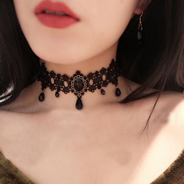

2017 fashion gothic victorian crystal tassel tattoo choker necklace black lace choker collar vintage women wedding jewelry, Golden;silver