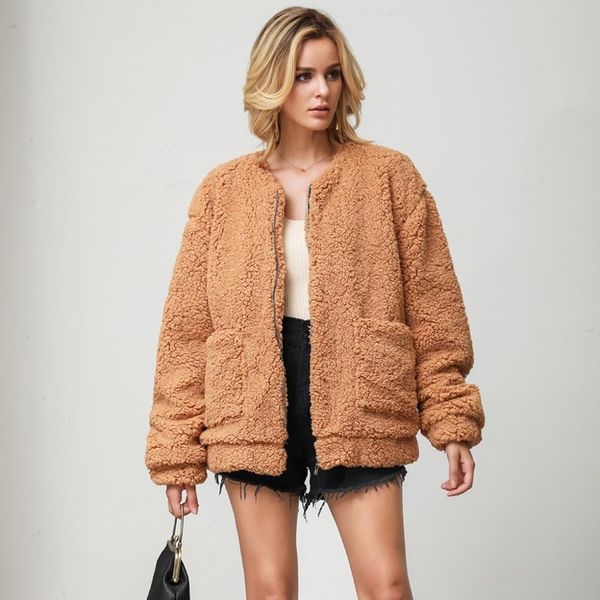 

women cardigan scarf coat solid long sleeve faux fur pocket winter fashion new outwear cardigan warm coats truien dames #15f, Black;brown